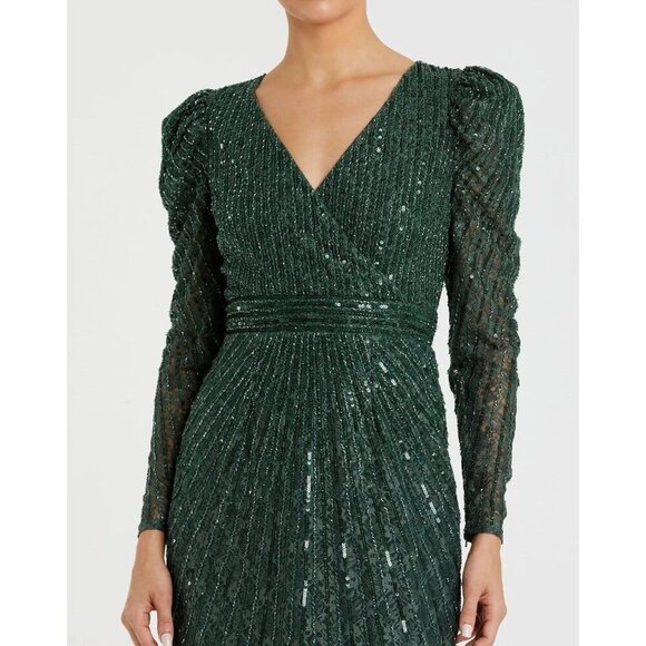 New Mac Duggal Size 2 Green 93676 Beaded Long Sleeve V-Neck Midi Cocktail Dress - Picture 3 of 14